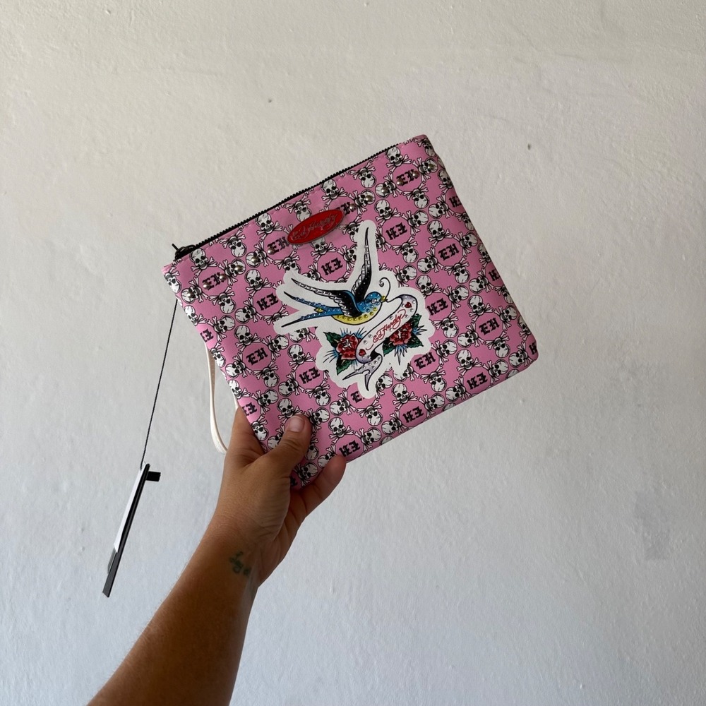 Ed Hardy Pink Skull Print Wristlet Pouch Swallow Rhinestone Y2K NWT Vegan Leathe
